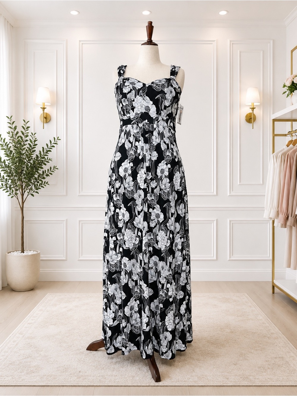 Seven7 Floral Molded Cup Maxi Dress Size L NWT Black White Smocked Back